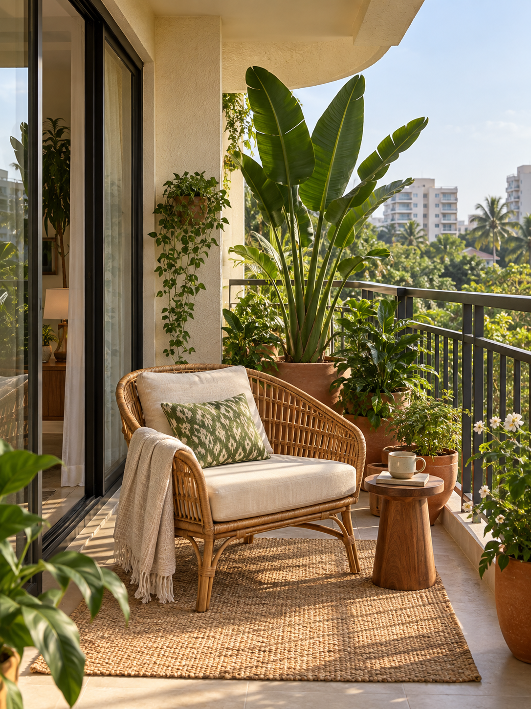A sunny apartment balcony with a cane chair and green plants